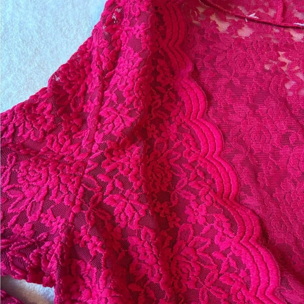 Susan Graver Vibrant Cranberry Red Two Layer Lace Top Set, Women’s Large